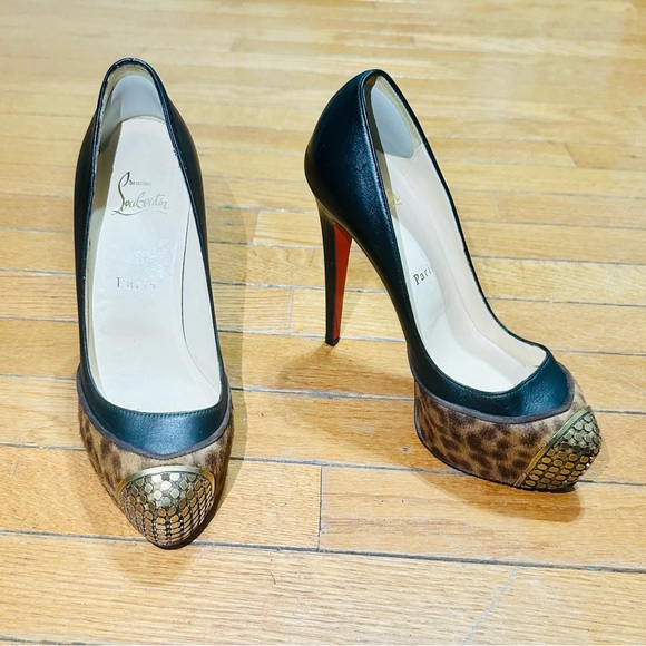 Christian Louboutin Black Leather Pony Hair GoldToe Maggie Pumps size 37 US6 1/2 - Picture 8 of 10